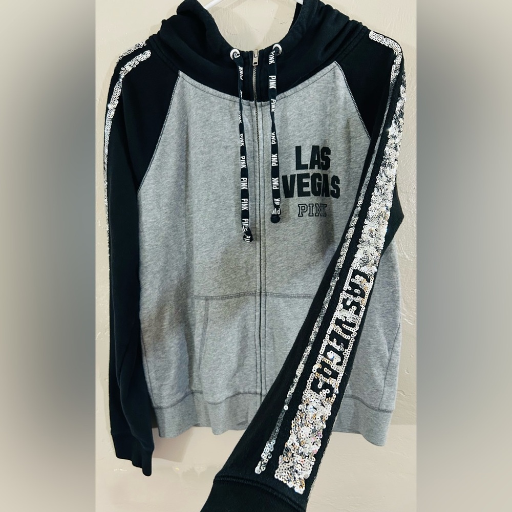 PINK Victoria's Secret Gray and Black Las Vegas Sequin Zip Hoodie